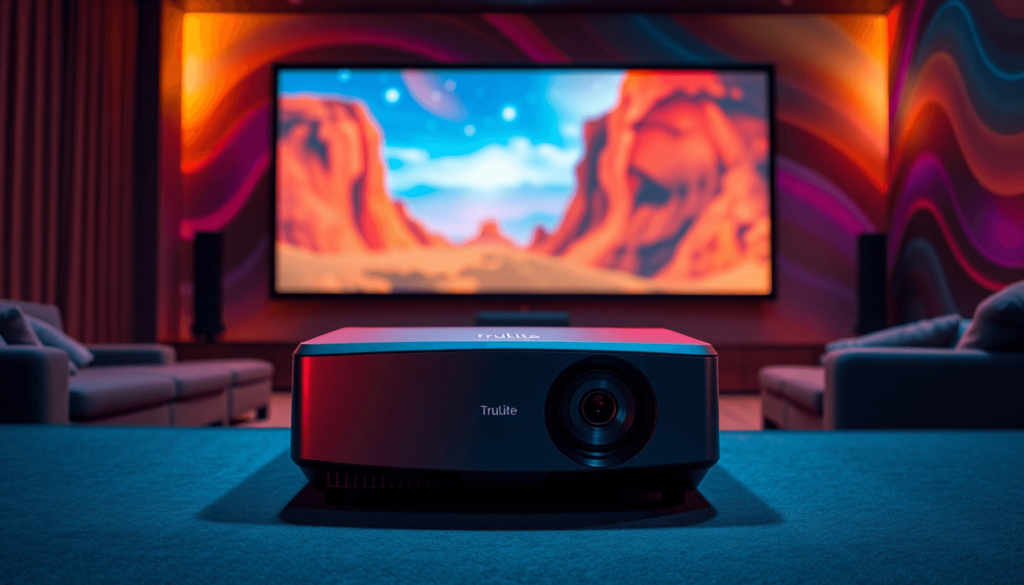 A modern TruLite projector in a vibrant home theater, projecting a stunning visual display on a large screen, surrounded by warm lighting for an in...
